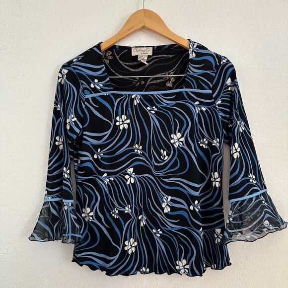 Y2K Black Blue Swirl Floral Blouse Square Neck Bell Sleeve Top Size Small - Picture 1 of 7